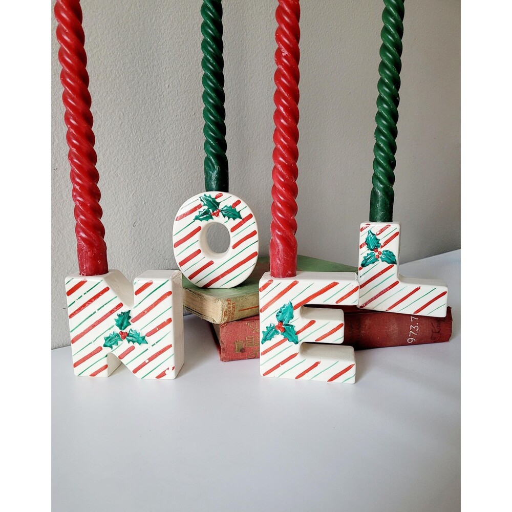 Vintage MCM Christmas NOEL Candle Holders Candy Cane 1950s Kitsch Japan